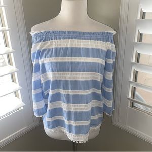 Westbound Petites Small Blue & White Striped Off the Shoulder Pheasant Top